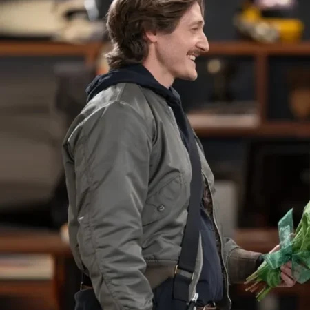 Shifting Gears S01 Lucas Neff Grey Satin Bomber Jacket Side