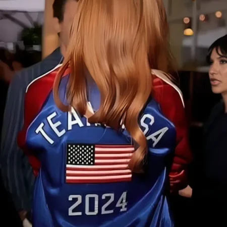 Shop Jessica Chastain Paris Olympics Team USA Varsity Jacket