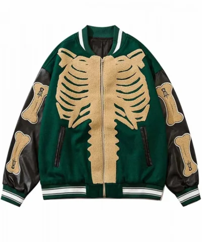 Skeleton Furry Bone Patchwork Black Green Jacket