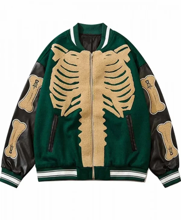 Skeleton Furry Bone Patchwork Black Green Jacket