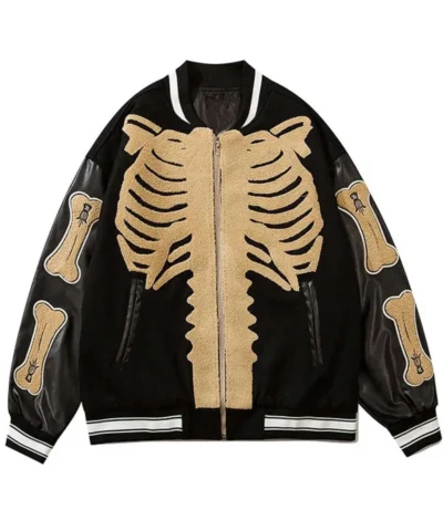 Skeleton Furry Bone Patchwork Black Jacket