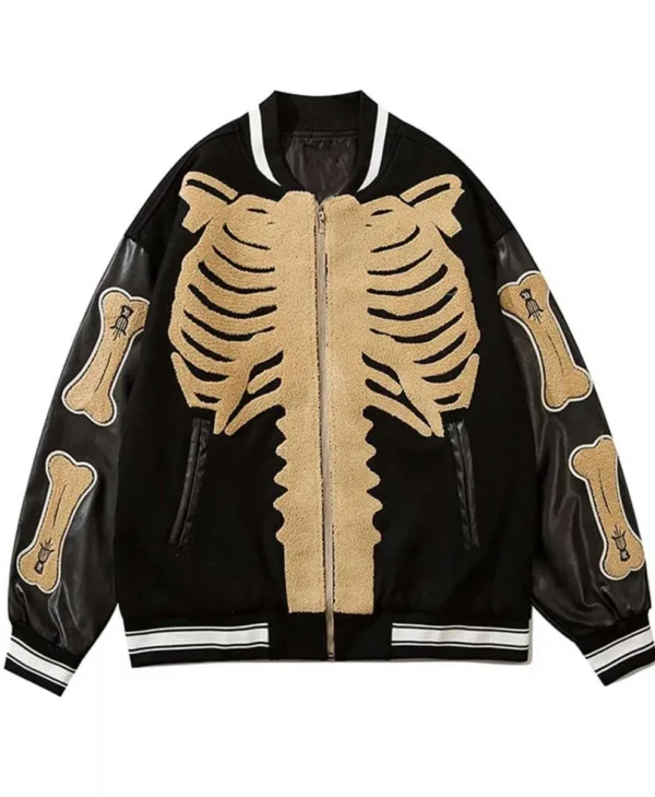 Skeleton Furry Bone Patchwork Black Jacket