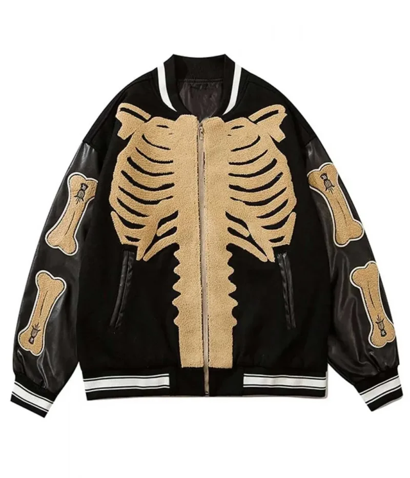 Skeleton Furry Bone Patchwork Black Jacket