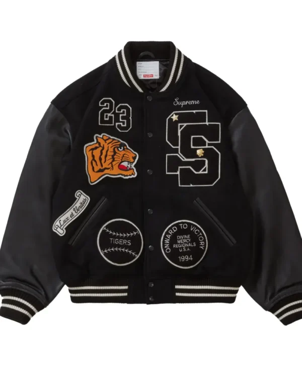 Supreme Tiger Black Wool Leather Varsity Jacket 1