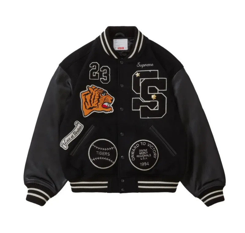 Supreme Tiger Black Wool Leather Varsity Jacket 1