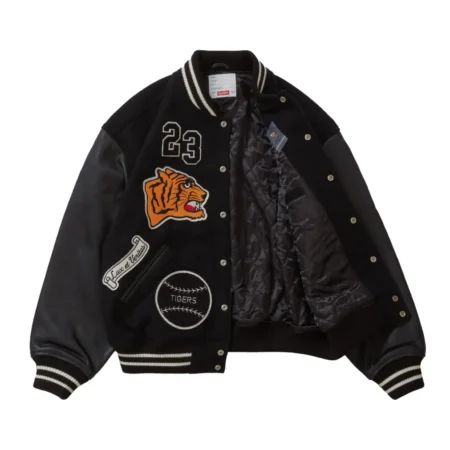 Supreme Tiger Black Wool Leather Varsity Jacket 3