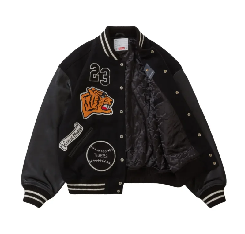 Supreme Tiger Black Wool Leather Varsity Jacket 3