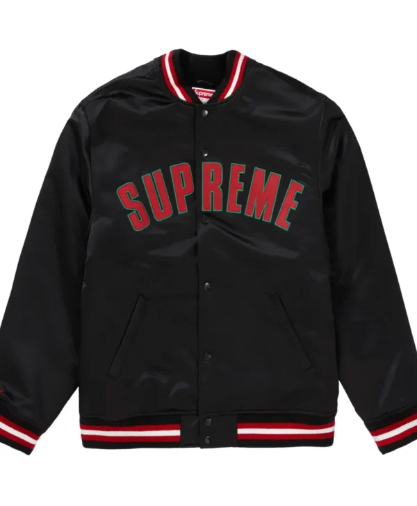 Supreme X Mitchell Ness Satin Black Varsity Jacket 1 scaled 1