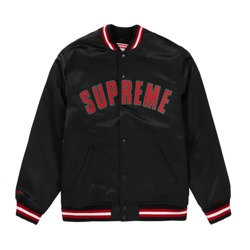 Supreme X Mitchell Ness Satin Black Varsity Jacket 1 scaled 1
