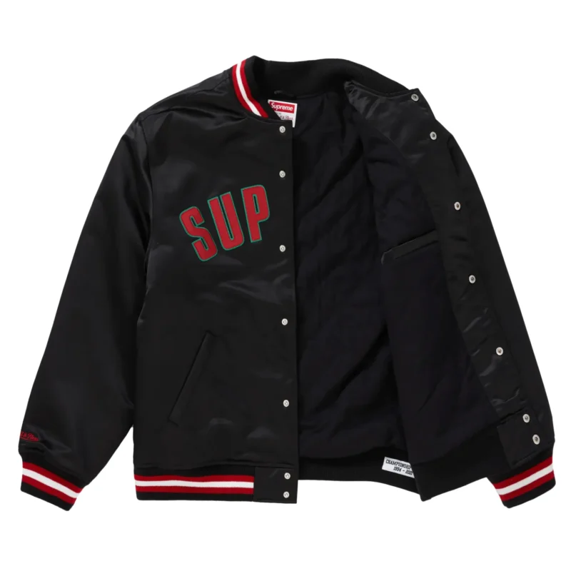 Supreme X Mitchell Ness Satin Black Varsity Jacket 3 scaled 1