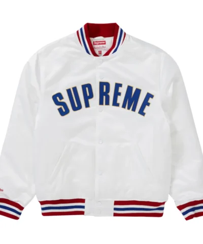 Supreme X Mitchell Ness White Satin Varsity Jacket 1 scaled 1