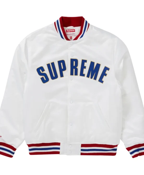 Supreme X Mitchell Ness White Satin Varsity Jacket 1 scaled 1