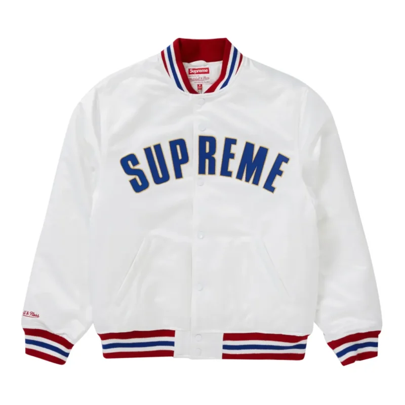 Supreme X Mitchell Ness White Satin Varsity Jacket 1 scaled 1