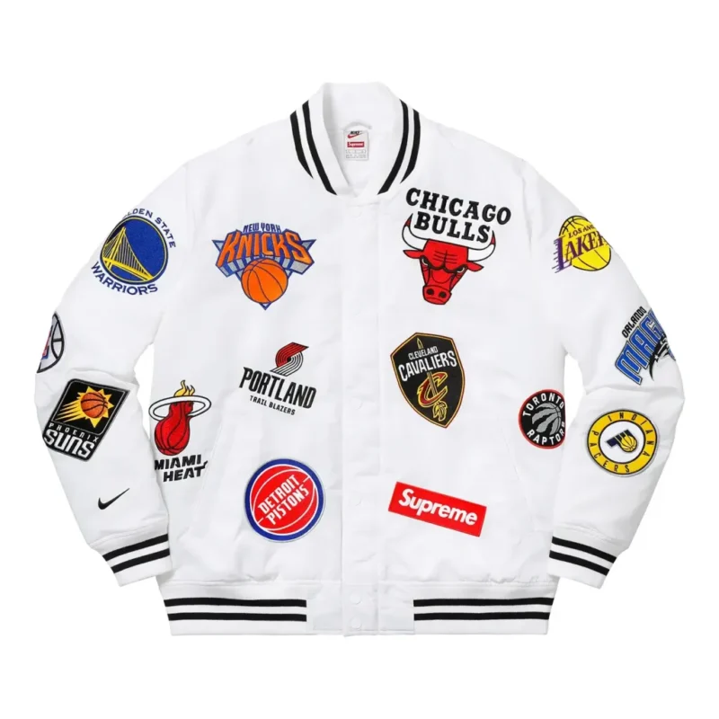 Supreme X NikeNBA Teams Warm Up White Varsity Jacket 1