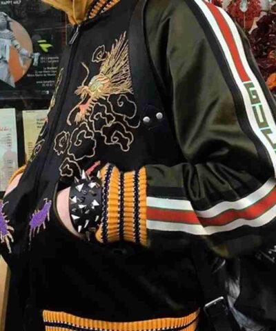 Unisex Souvenir Embroidered Satin Black Jacket