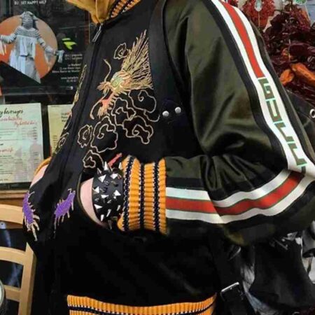 Unisex Souvenir Embroidered Satin Black Jacket