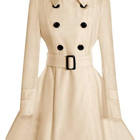 Women Double Breasted Swing Beige Pea Coat