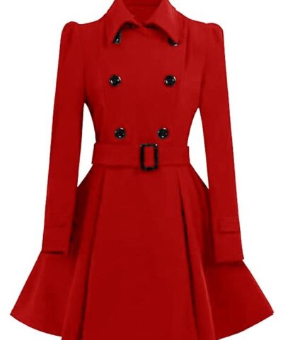 Women Double Breasted Swing Red Pea Coat