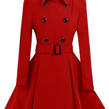 Women Double Breasted Swing Red Pea Coat