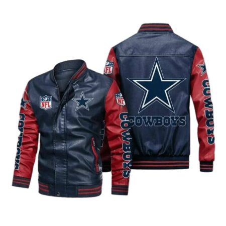 dallas cowboys navy red bomber leather jacket