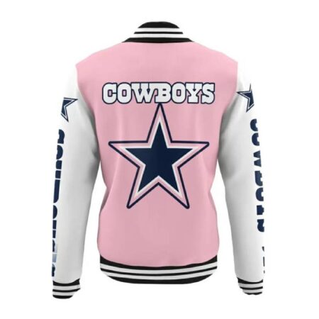 dallas cowboys pink white varsity nfl baseball jacket 1
