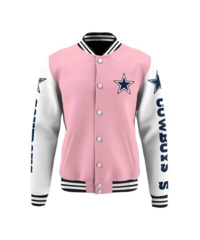 dallas cowboys pink white varsity nfl baseball jacket