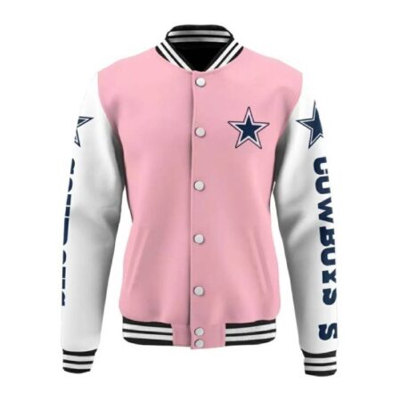 dallas cowboys pink white varsity nfl baseball jacket