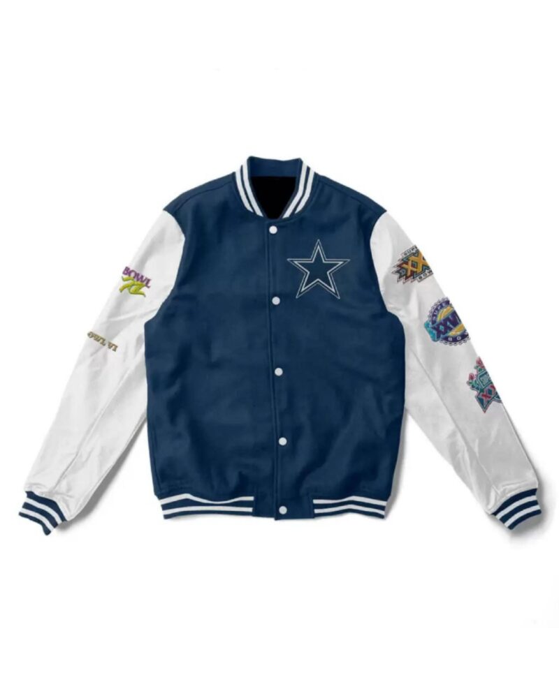 dallas cowboys super bowl 5x champions varsity jacket scaled 1