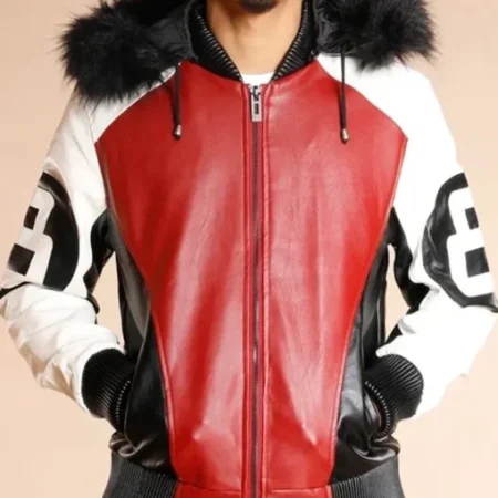 8 Ball Logo Fur Hooded Parka Leather Jacket On Sale