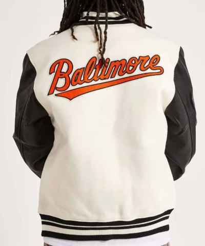 Baltimore Orioles Black and Off White Varsity Jacket Back