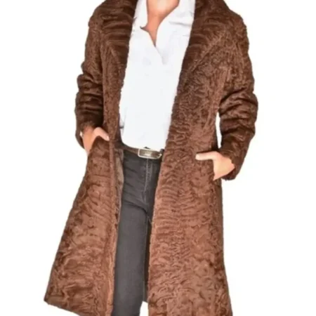 Brown Fox Mink Fur Collar Swakara Lamb Fur Long Trench Coat webp