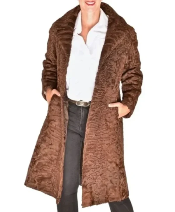 Brown Fox Mink Fur Collar Swakara Lamb Fur Long Trench Coat webp