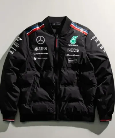 Buy George Russell Mercedes Amg F1 2024 Team Insulated Black Bomber Jacket For Sale
