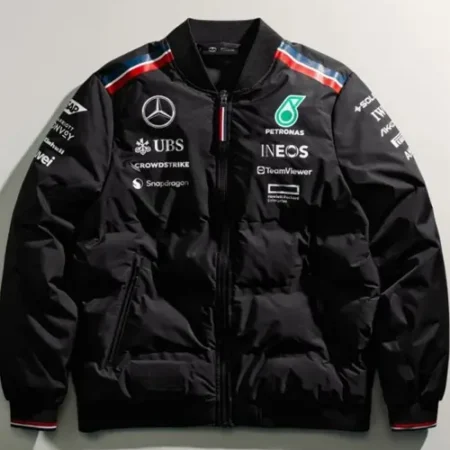 Buy George Russell Mercedes Amg F1 2024 Team Insulated Black Bomber Jacket For Sale