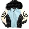 Buy Unisex 8 Ball Black White and Blue Bomber Parka Leather Jacket 510x637