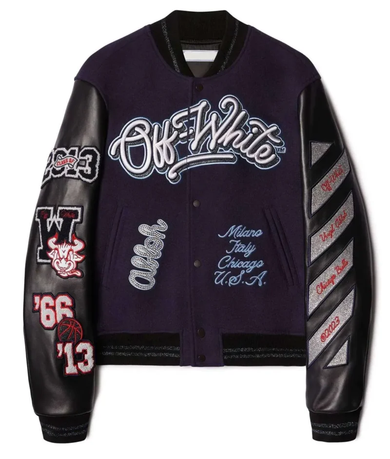 Chicago Bulls Off White Varsity Black Jacket