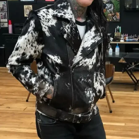 Cowhide Black And White Biker Fur Jacket webp