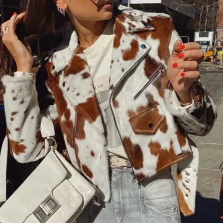 Cowhide Brown And White Biker Jacket webp