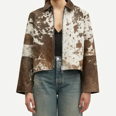 Cowhide fur Brown And White leather Jacket webp