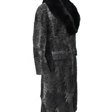 Grey Womens Karakul Persian Lamb Fur Mink Collar Long Trench Coat webp