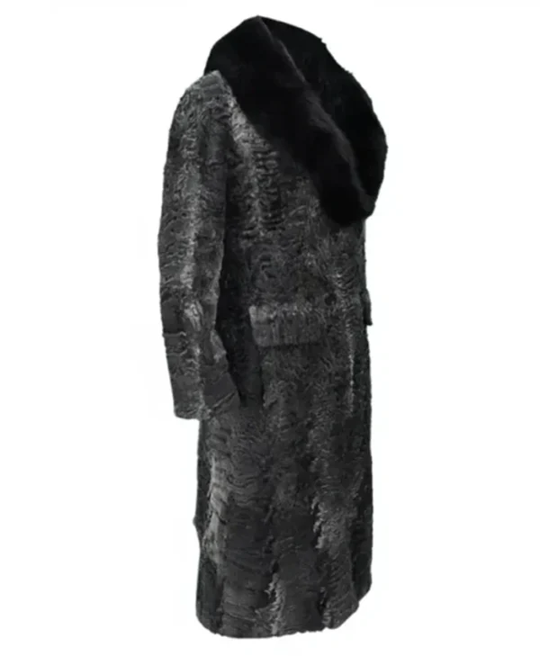 Grey Womens Karakul Persian Lamb Fur Mink Collar Long Trench Coat webp