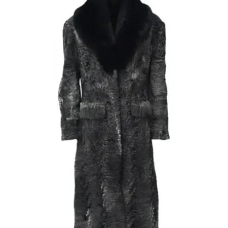 Grey Womens Persian Lamb Fur Mink Collar Trench Coat webp