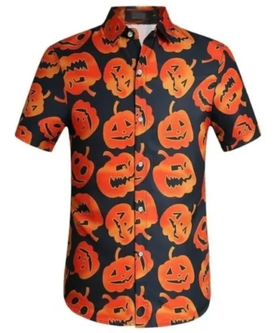 Halloween 2023 Orange Pumpkin Button Printed Shirt