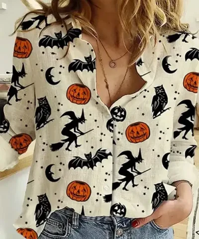 Halloween 2023 Spooky Cotton Print Buttoned Shirt