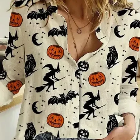 Halloween 2023 Spooky Cotton Print Buttoned Shirt