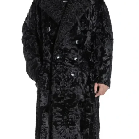 Karakul Lamb Fur Double Breasted Black Trench Coat webp