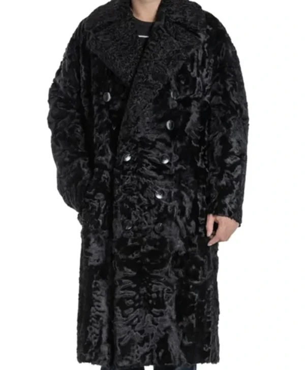 Karakul Lamb Fur Double Breasted Black Trench Coat webp