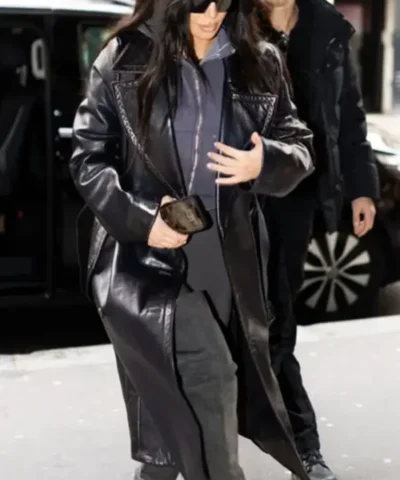 Kim Kardashian Trench Black Leather Coat 600x729