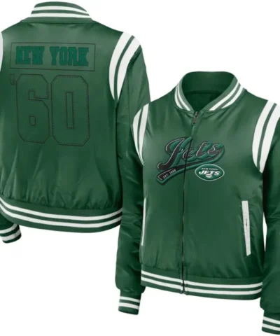 Krystina New York Jets Green Satin Bomber Jacket 600x729