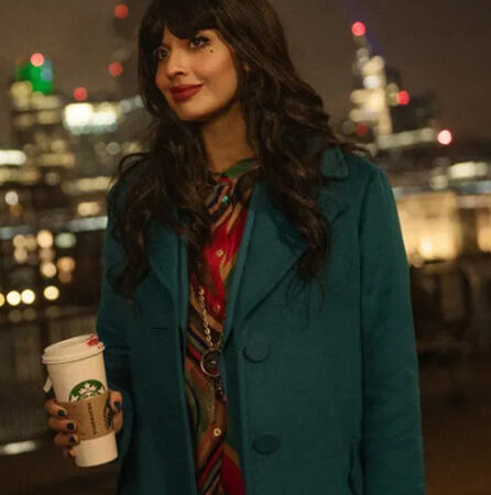 Love at First Sight 2023 Jameela Jamil Teal Coat 25426